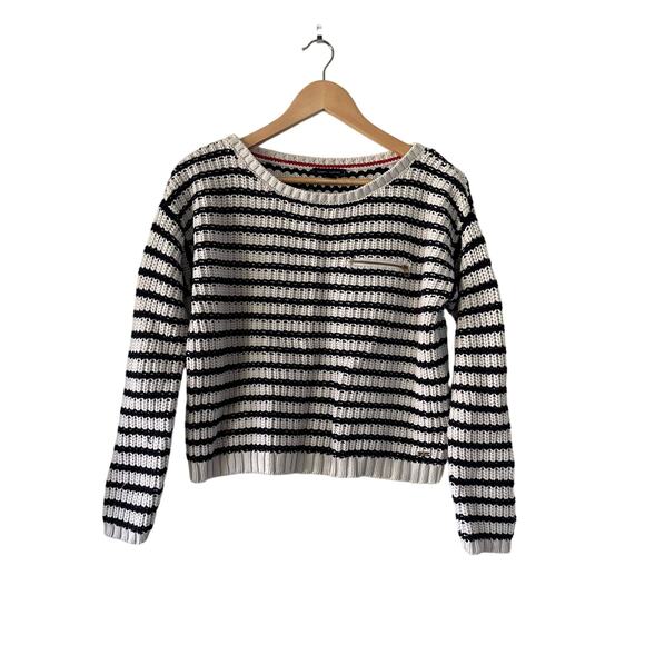 Tommy Hilfiger Women's Size Medium Knit Navy White Cropped Sweater Capsule - Picture 1 of 5